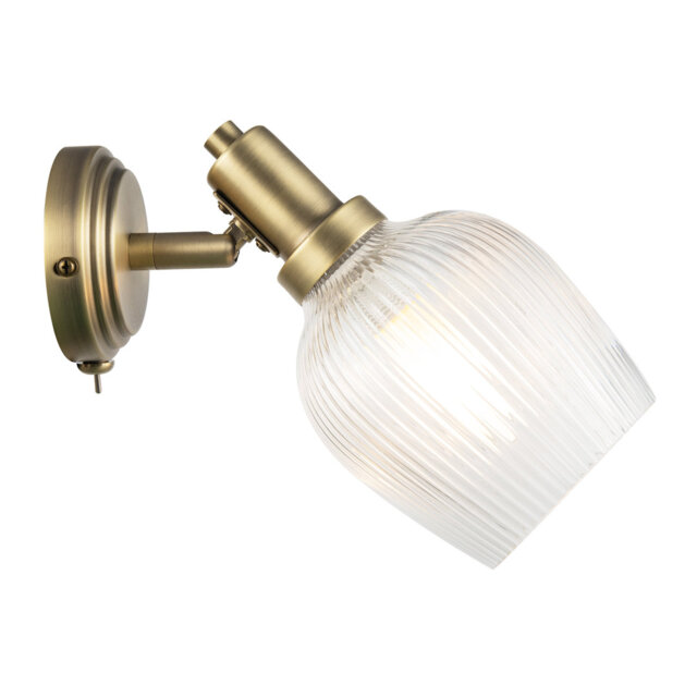 Classy Matte Black Switched Wall Light With Clear Ribbed Glass Shade By