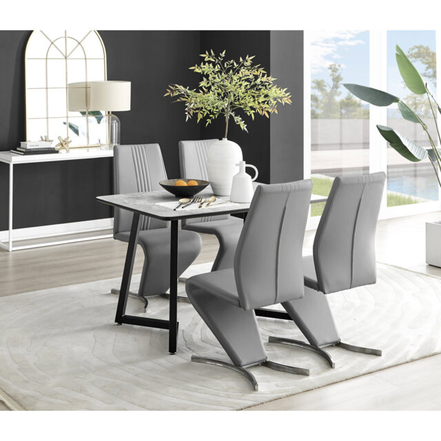 Industrial Design White & Grey Marble Effect Melamine Dining Table Set with 4 Faux Leather Chairs