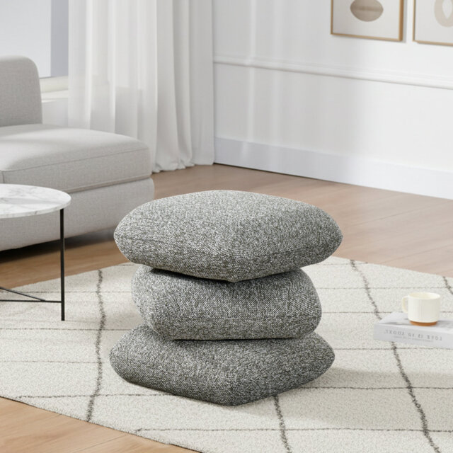 Square Linen Swivel Ottoman Footstool with Stacked Cushion Design for Living Room
