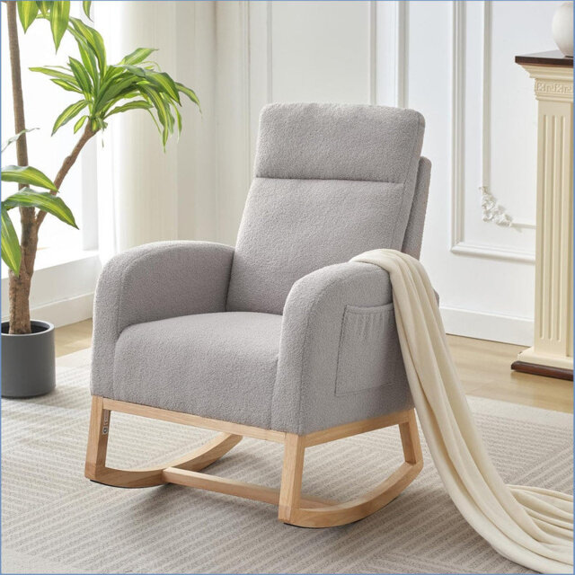 Glider Chairs,Modern Rocking Chair,Rocking Glider Chair for Nursery,Wingback Accent Rocker Chair Upholstered Tall Back Arm Chair w/Side Pockets