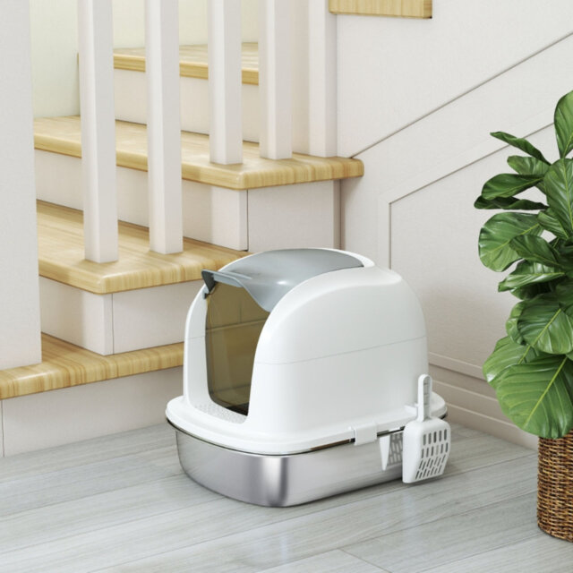 Enclosed Stainless Steel Cat Litter Box with Flip Lid & Scoop