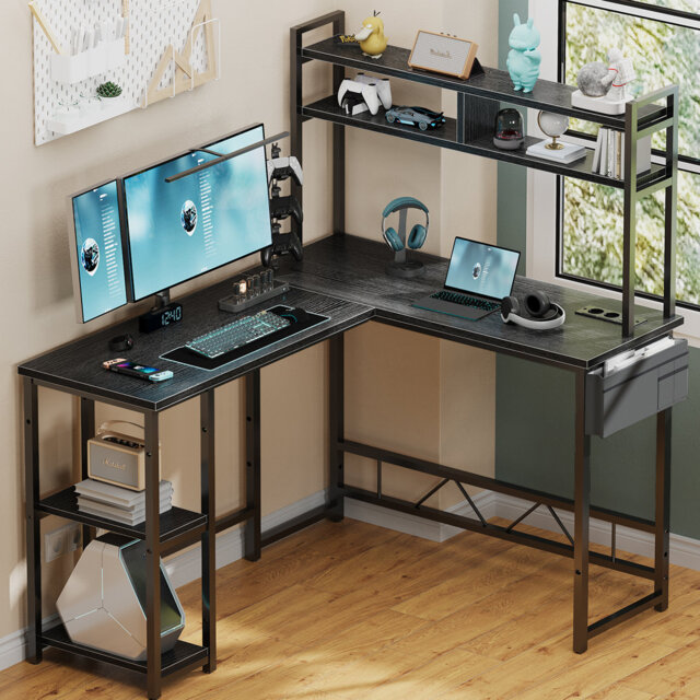 L-Shape Computer Desk 140cm x 50cm x 75cm with Adjustable Storage Rack ...