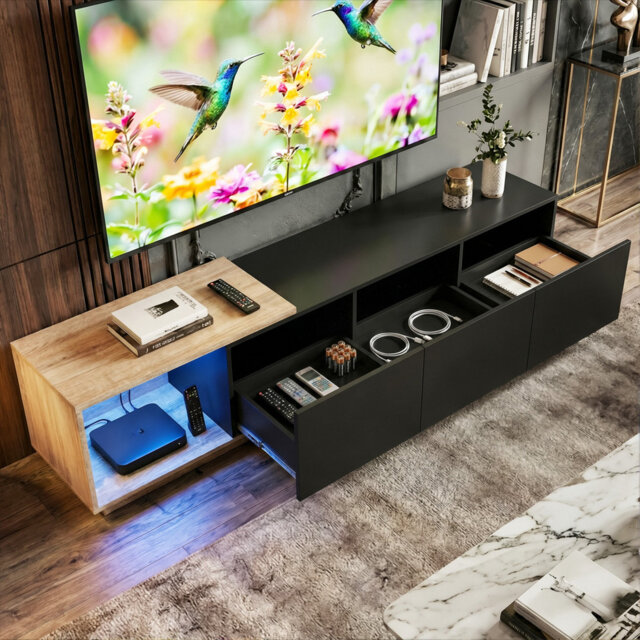 "163-240Cm Extendable Modern TV Stand With Sensor LED & Remote, Push-To-Open Drawers, High Capacity Media Console (Fit Up To 88"" TV)"
