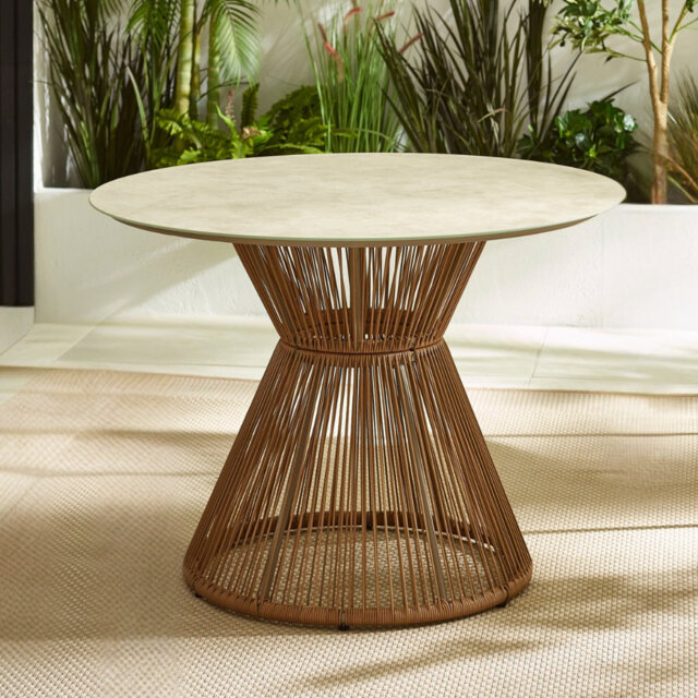 Halleli Metal & Rattan Round Garden Dining Table - Modern Boho Style