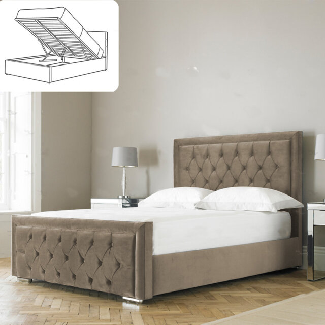 Aura Averian Upholstered Ottoman Storage Bed - Plush Velvet Gas Lift Bed Frame with Headboard