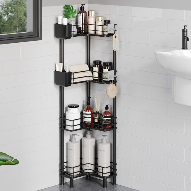 Corner Shower Caddy Freestanding 4 Tier,Rustproof Floor Standing Bathroom Shelf With Adjustable Feet,Storage Stands With Hooks For Bathroom, Black