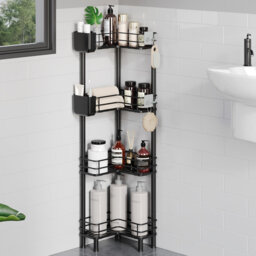 Corner Shower Caddy Freestanding 4 Tier,Rustproof Floor Standing Bathroom Shelf With Adjustable Feet,Storage Stands With Hooks For Bathroom, Black