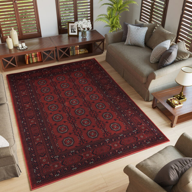 Yasmin Traditional Bukhara Indoor Area Rug Soft Woven Carpet with Jute Backing Classic Oriental Style for Living Room, Bedroom, Hallway, Red