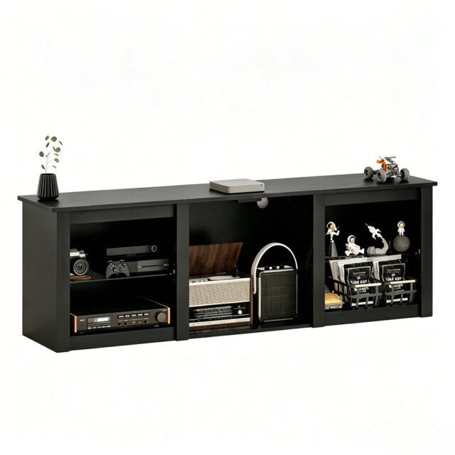 Black Wide TV Cabinet with USB Remote Controlled LED Lighting, Adjustable Glass Shelves and Cable Holes, Media Console Unit Fits Televisions up to 65