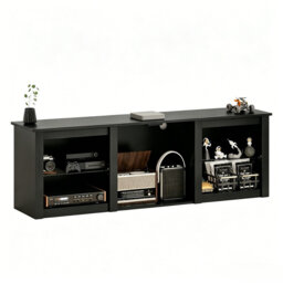 Black Wide TV Cabinet with USB Remote Controlled LED Lighting, Adjustable Glass Shelves and Cable Holes, Media Console Unit Fits Televisions up to 65