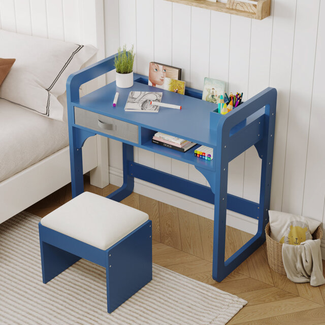 Kids Desk and Chair Set – Adjustable Height Wooden Study Table with Storage, Cloth Drawer, Book Shelf & Pen Holders – Padded Stool Included