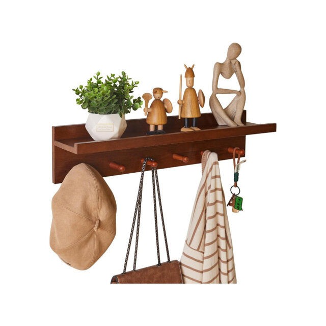 Wood Coat Hook with Wall-Mounted Shelf, 26.62in Entryway Wall Hanging Shelf, Floating Shelves, Key Holder White