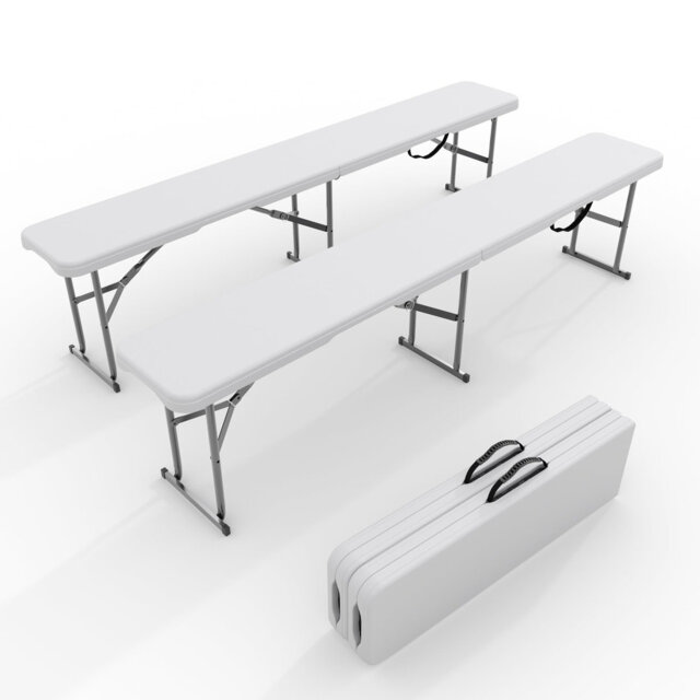 2 Pack 6FT Portable Folding Bench, HDPE Plastic Foldable Seat with Carrying Handle for Outdoor Picnic, Camping, Party, Sports - White