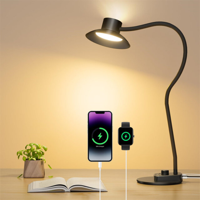 LED Desk Lamp With USB-C & USB-A Charging Ports, 5 Color Modes & Stepless Dimming