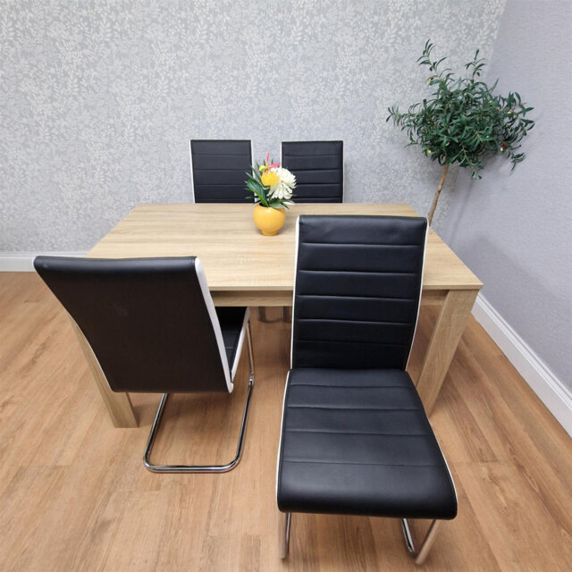 Oak Effect table with 4 Black Faux Leather Chairs Dining Furniture