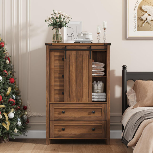 "Farmhouse 5 Drawer Dresser for Bedroom, 48"" Tall Wood Dresser Chest of Drawer with Sliding Barn Door, Adjustable Shelf, Storage Organizer for Bedroom,"