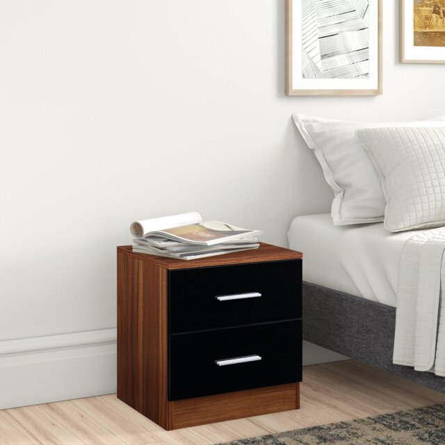 Eva High Gloss 2 Drawer Bedside Table - H: 48.5cm x D: 39.5cm x W: 45cm
