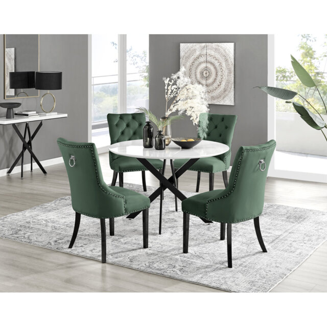 Tierra Modern Chrome Metal & Glass Round Dining Table Set with 4 Luxury Button Velvet Chairs