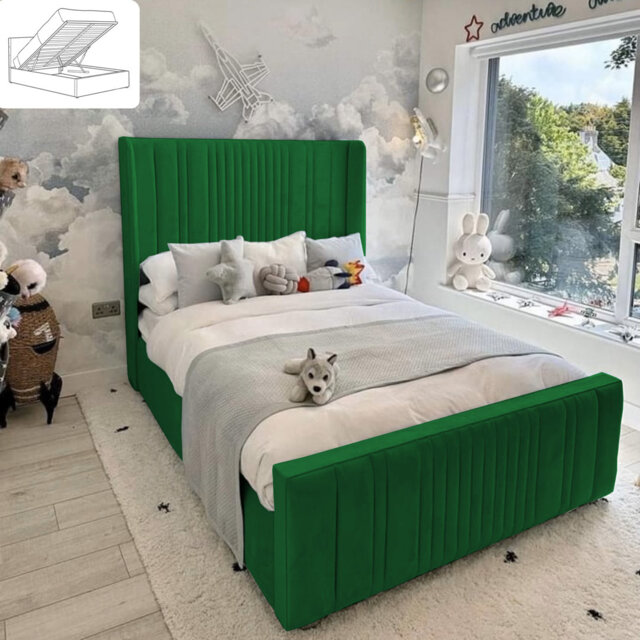 Morio Upholstered Bed - Wingback Ottoman Storage with Plush Velvet Gas Lift