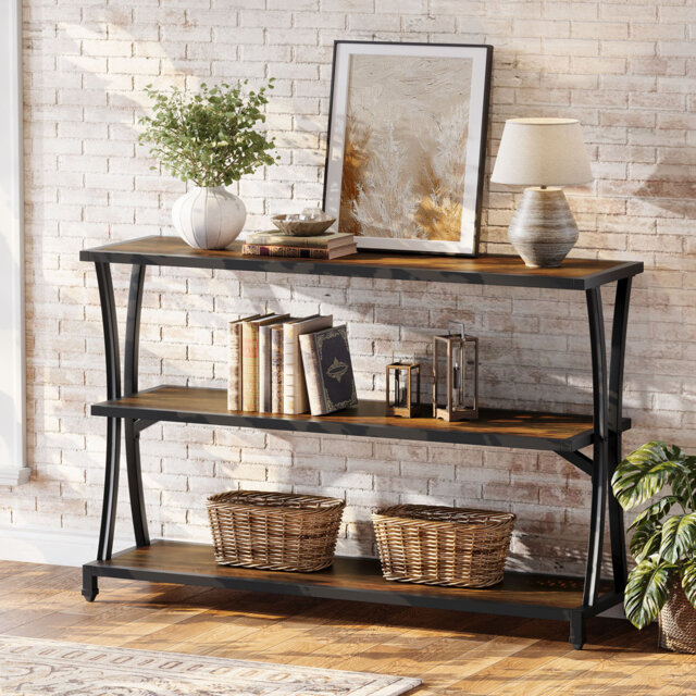 Industrial 3-Tier Console Table, Rustic Entryway Table With Storage Shelves For Living Room, Hallway