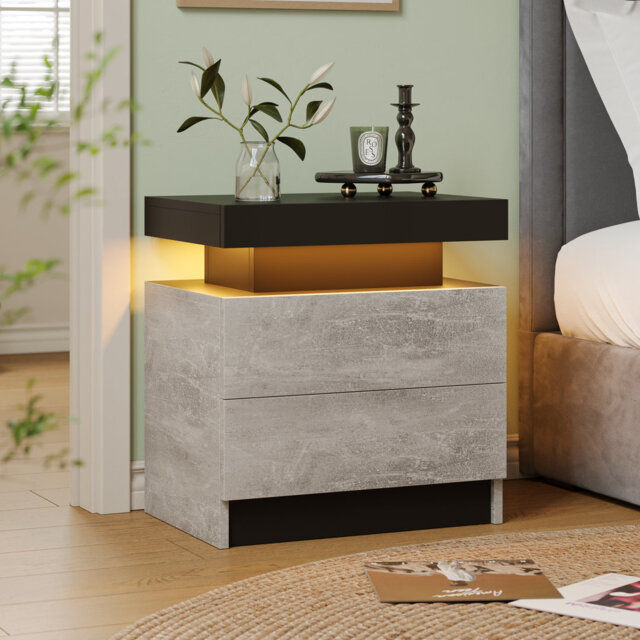 Led Bedside Table With Drawers, Modern NIghtstand with LED Lights for Bedroom