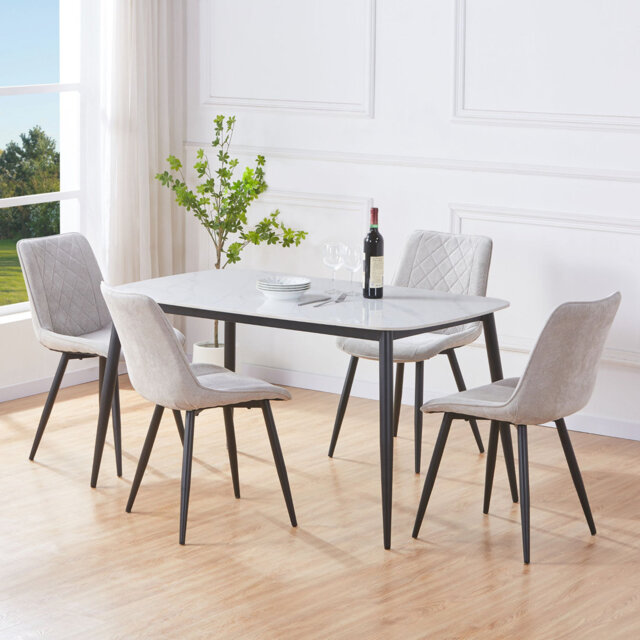 Aspen Sintered Stone Rectangular Table with 4 Diamond Stitch Upholstered Fabric Chairs - Modern Dining Set