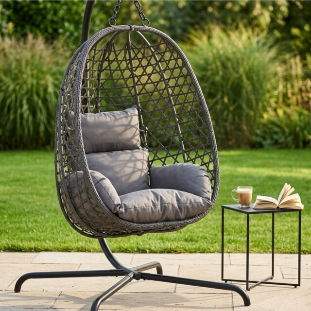 JSH Rattan Patio Egg Chair with Cushions - Dark Grey Outdoor Hanging Garden Swing Chair - Galvanised Steel Frame Supports 120kg - Breathable Modern H