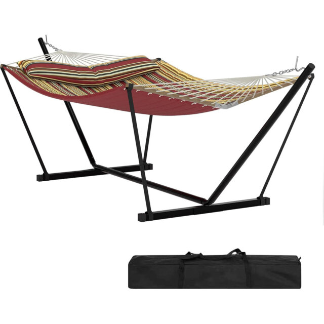 Double Hammock with Stand, 204KG Capacity Heavy Duty Hammock with Quilted Net, Detachable Pillow & Storage Bag, Portable for Patio, Pool, Garden and C