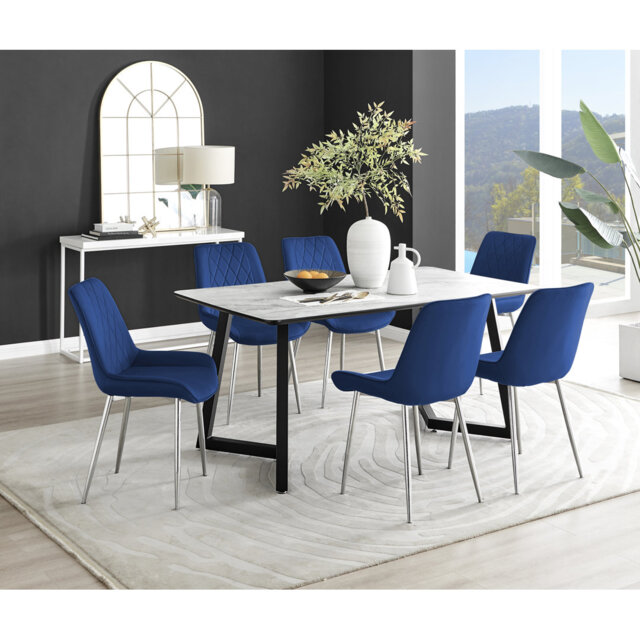 Industrial Design White & Grey Marble Effect Melamine Dining Table Set with 6 Luxury Velvet Chairs