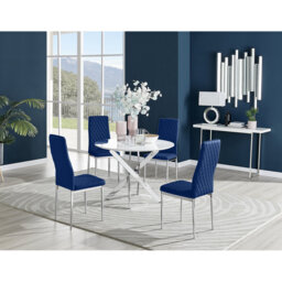Tierra Modern Chrome Metal & Glass Round Dining Table Set with 4 Quilted Velvet Chairs