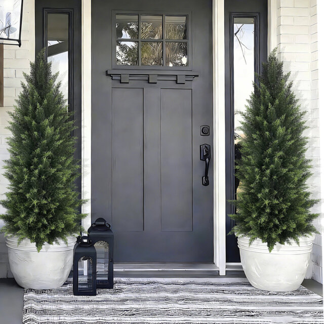 120CM Artificial Cedar Tree Set of 2 – Weatherproof Faux Evergreen with Black Planter for Indoor Outdoor Farmhouse Decor