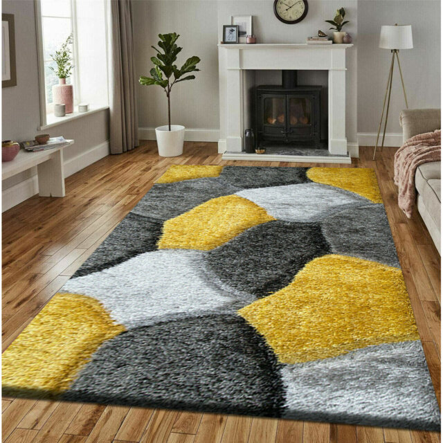 Non Slip 100% Polypropylene Geomatric Design 3D Design Pona Area Rug Ochre Grey