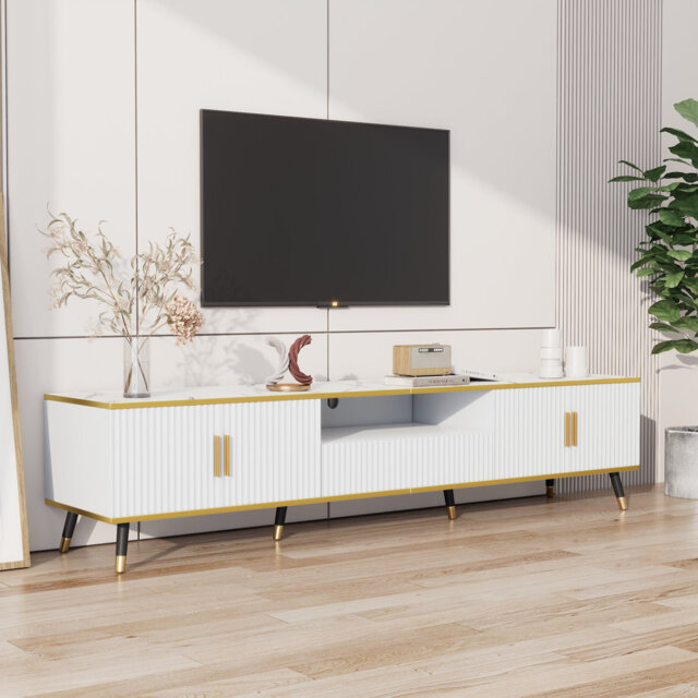 90-Inch Tv Stand With Marble Top, 4 Doors & Drawer, 200 Cm Modern Storage
