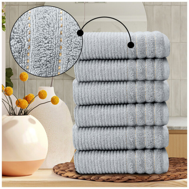 6 Pack Premium Ribbed Cotton Towels, Everyday Comfort Hand, Bath Towels & Sheet, Soft Feel, Quick Dry & Highly Absorbent