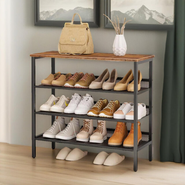 15 Pair Shoe Rack Tier Industrial Rustic Brown Shoe Storage