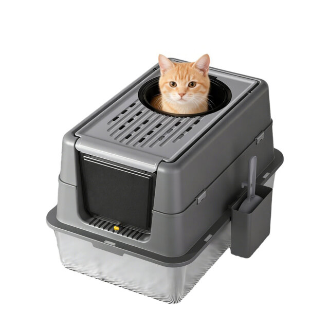 Leak-Proof 180° Turn Over-Top Large Stainless Steel Cat Litter Box, High-Sided Enclosed Pan, Dual Entry, Odor Control, Easy Clean, Includes Scooper, B