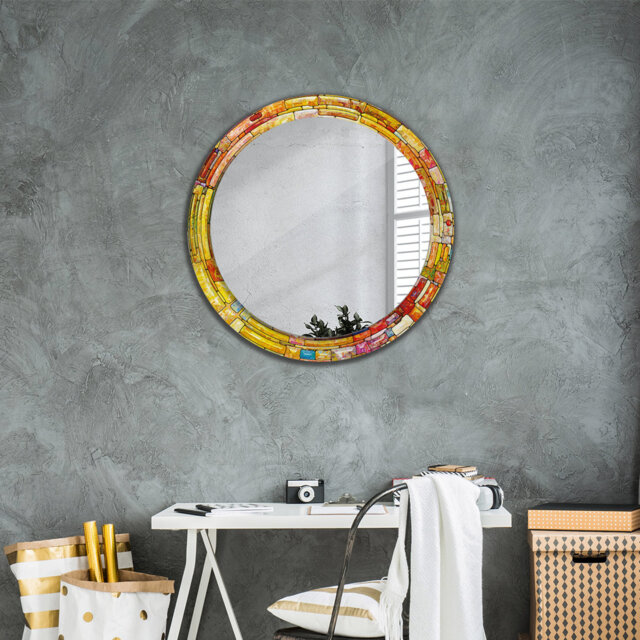 Huldar Round Glass Framed Wall Mounted Accent Mirror in Yellow/Red