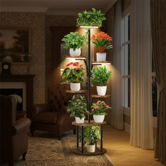 Indoor Plant Stand With Grow Light, 145Cm Tall Plant Stand, 7 Tier Metal Plant Shelf, Wooden Plant Holder, Space-Saving Corner Flower Stand For Living