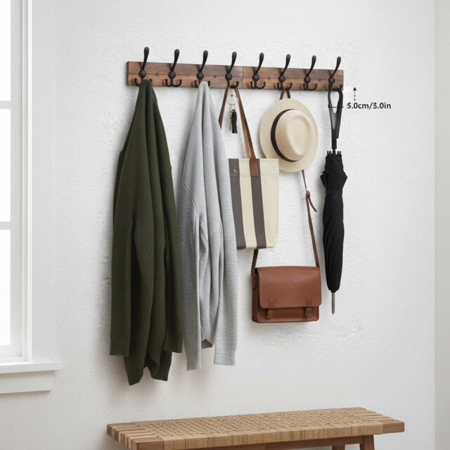 31.4'' Rustic Wood & Aluminum Wall Mounted Coat Rack - 8 Black Tri-Hooks for Coat/Bag/Towel