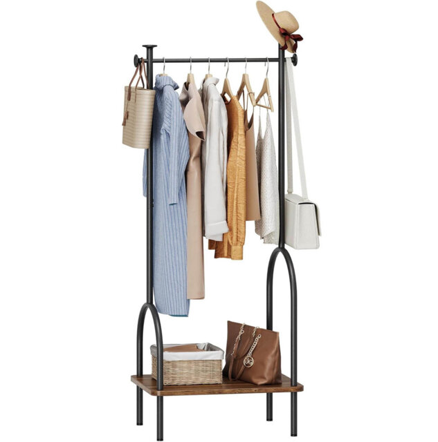 Freestanding Coat Rack With Wooden Storage Shelf, 4 Hooks