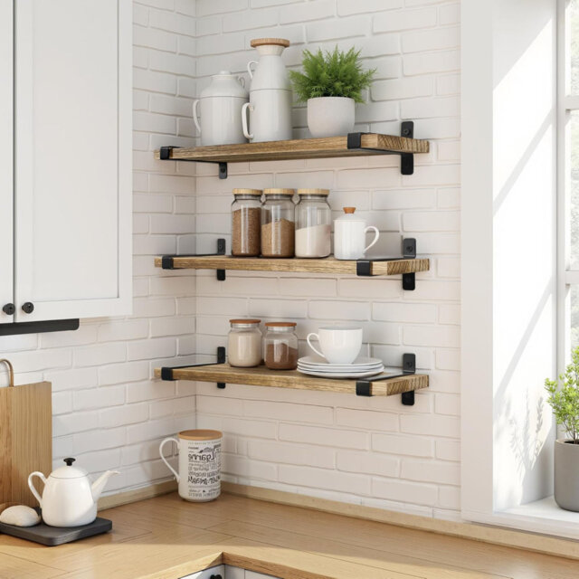 Wooden Wall Mounted Shelf Storage With Black ,Set Of 3