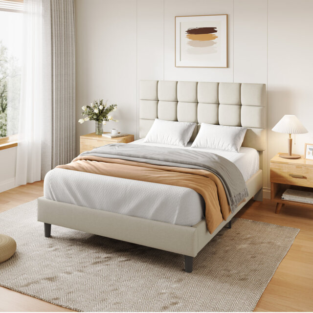 Size Modern Upholstered Bed Frame with Adjustable Square Tufted Headboard