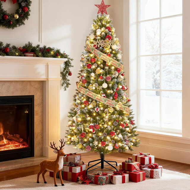 6FT/183CM Prelit Pencil Snow Flocked Spruce Christmas Tree with Incandescent Warm White Lights, Foldable Metal Stand, Slim Space-Saving Artificial Xma