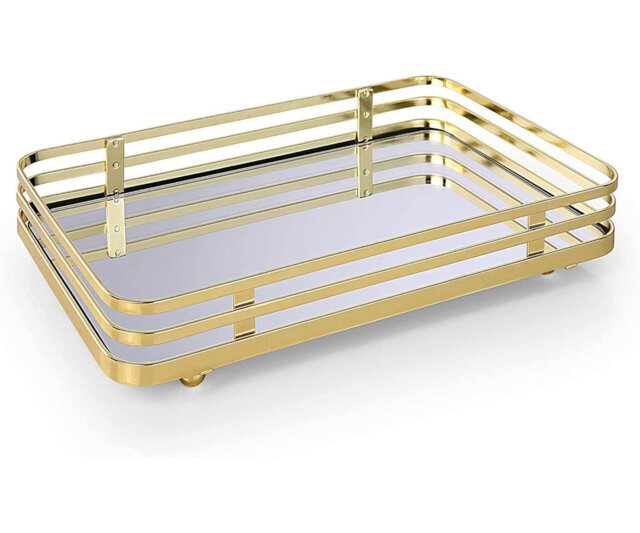 Polished Gold Classic Mirrored Vanity Tray - Perfume/Makeup/Jewelry Organizer for Dresser