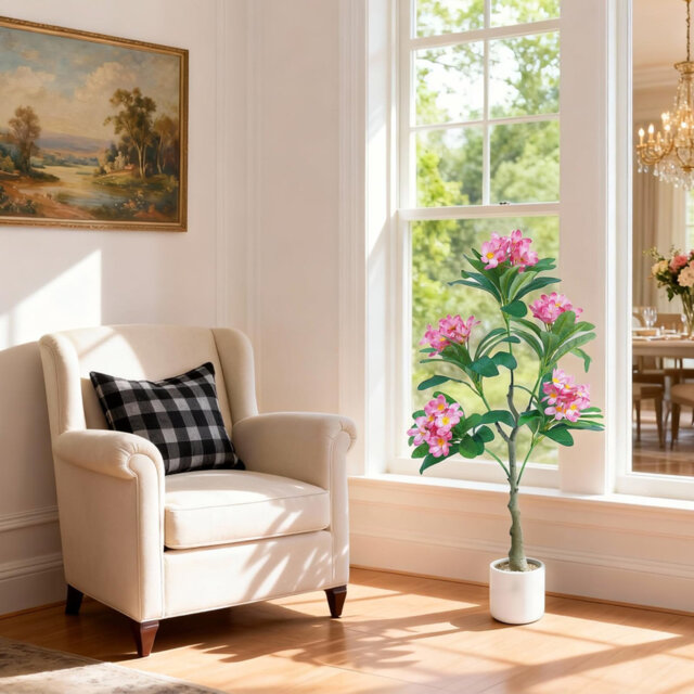 120cm/4FT Artificial Plumeria Tree, Pink Faux Silk Flower Floor Plant with White Decorative Pot, UV Resistant for Indoor Home Office Decor