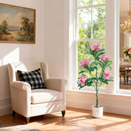 120cm/4FT Artificial Plumeria Tree, Pink Faux Silk Flower Floor Plant with White Decorative Pot, UV Resistant for Indoor Home Office Decor