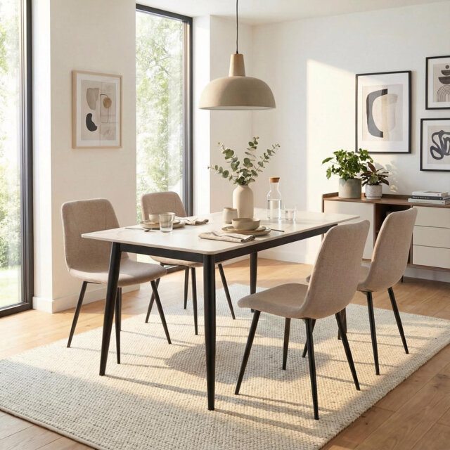 5 Piece Cream Marble Effect Dining Table & Chairs Set