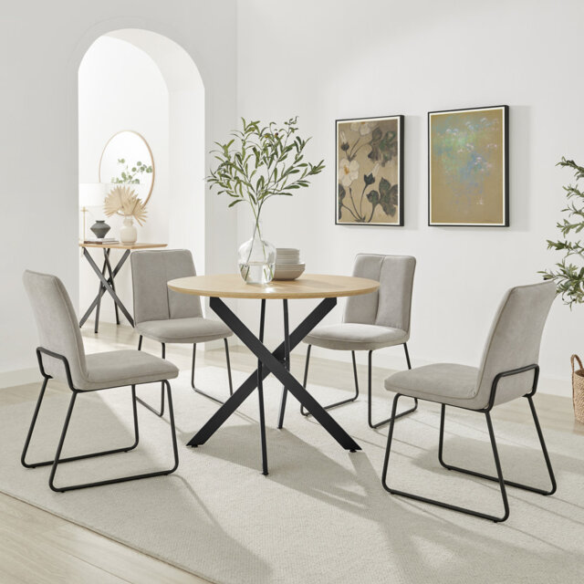 Hadlow Veneer & Metal Round Dining Table With Eubanks Fabric Chairs - Modern Statement Design