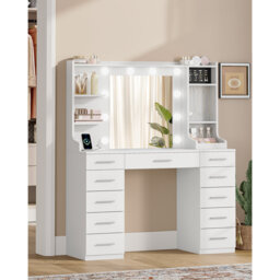 Dressing Table with Lights, Vanity Desk with Mirror and Power Outlet, Adjustable LED Lighting, 11 Drawers, 5 Shelves and 2 Open Compartments, Makeup D