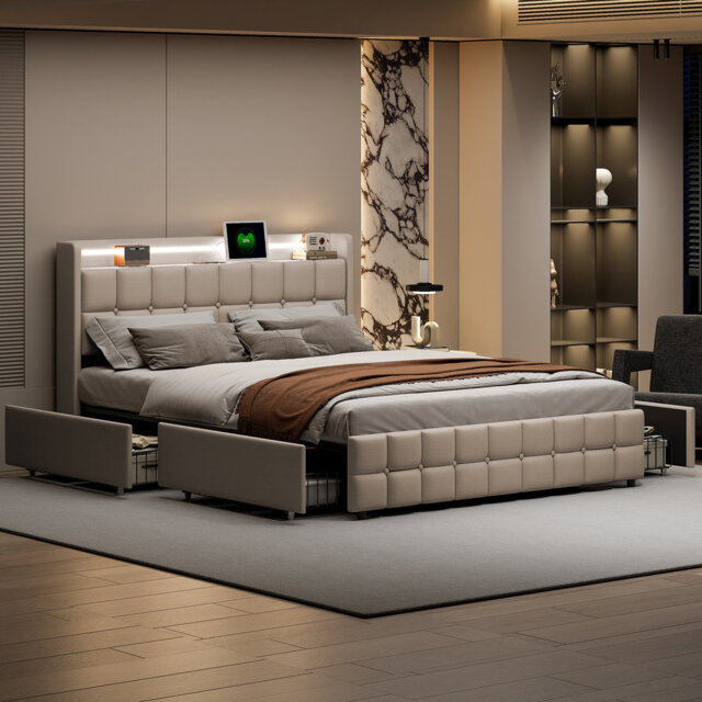 Upholstered Bed With LED Lights And 4 Drawers